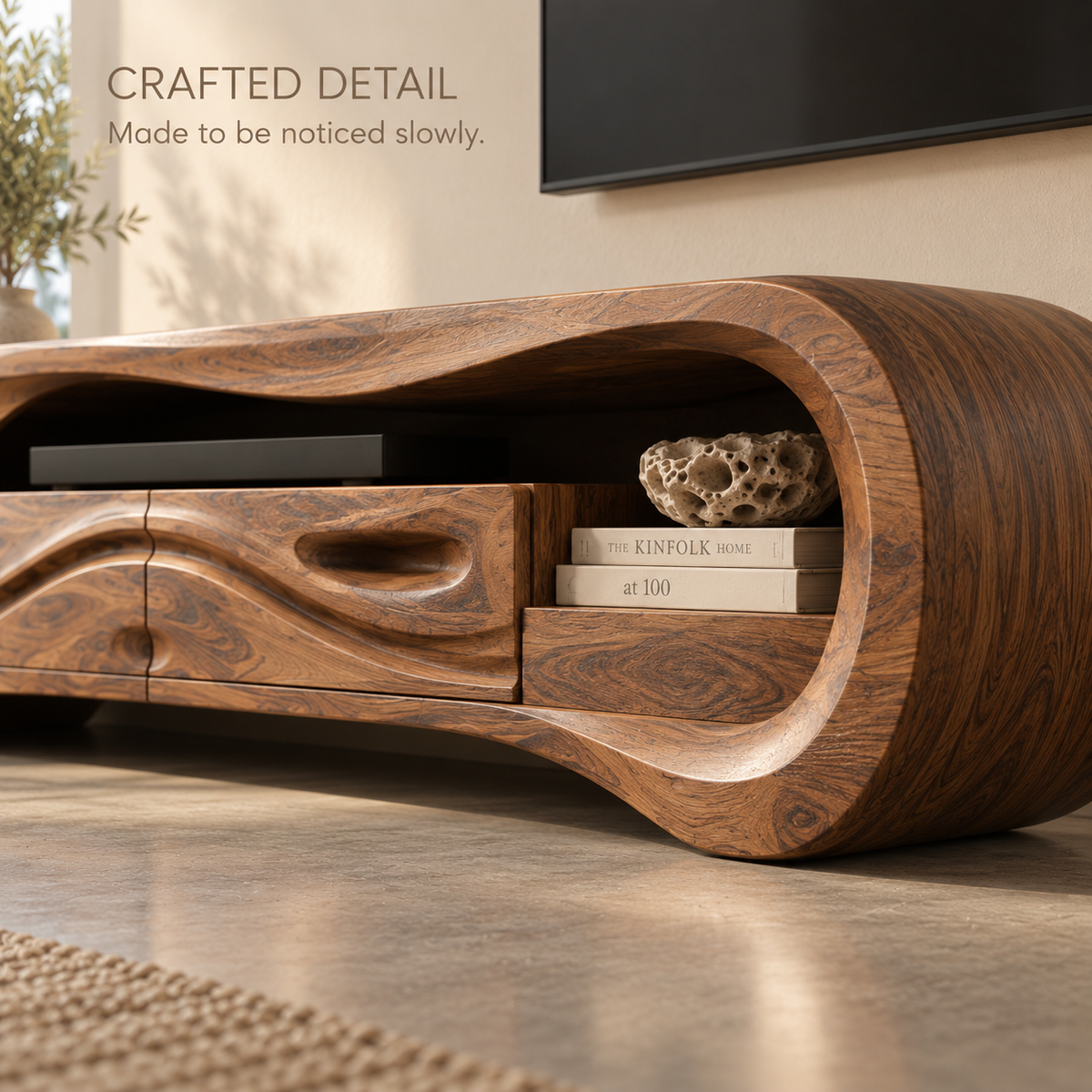 Sylvie Sculptural Solid Wood TV Stand - Design 125 - product detail and styling view 5