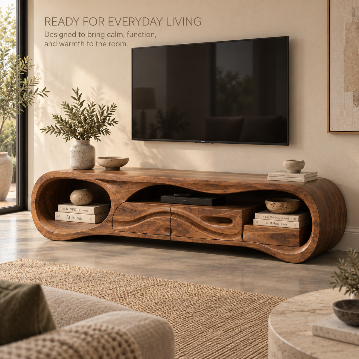 Sylvie Sculptural Solid Wood TV Stand - Design 125 - product detail and styling view 6