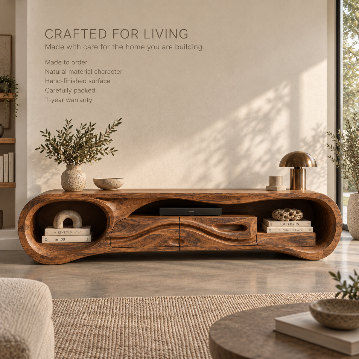 Sylvie Sculptural Solid Wood TV Stand - Design 125 - product detail and styling view 8