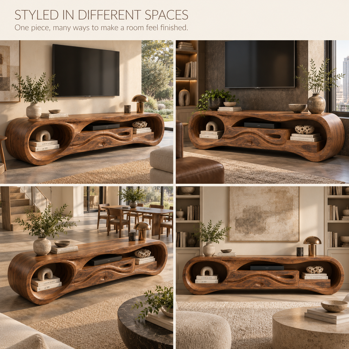 Sylvie Sculptural Solid Wood TV Stand - Design 125 - product detail and styling view 9