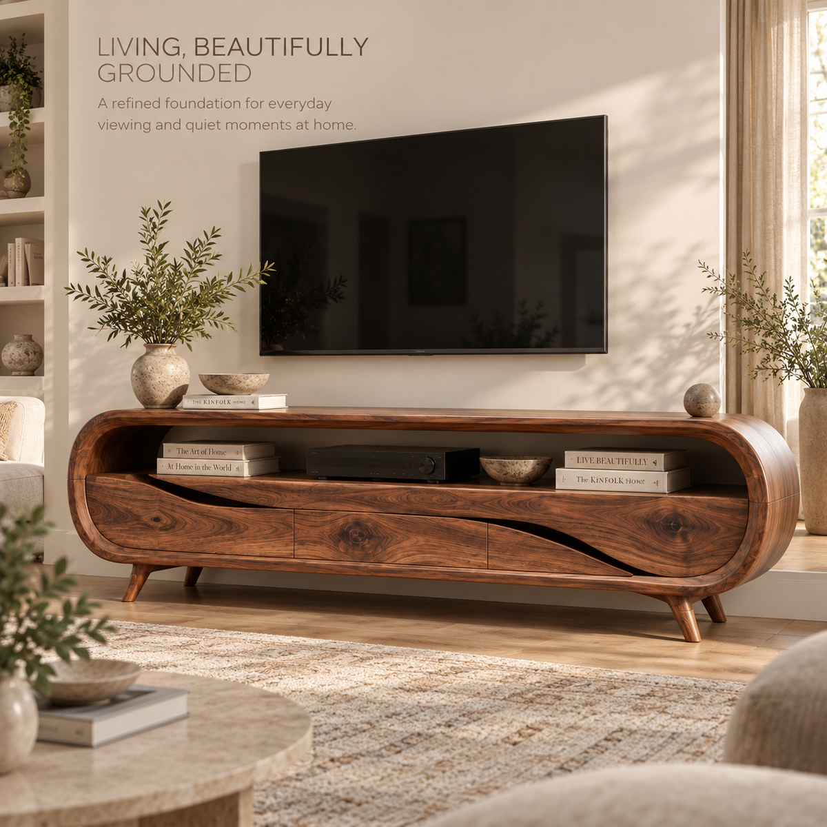 Varen Sculptural Solid Wood TV Stand - Design 126 - main lifestyle view