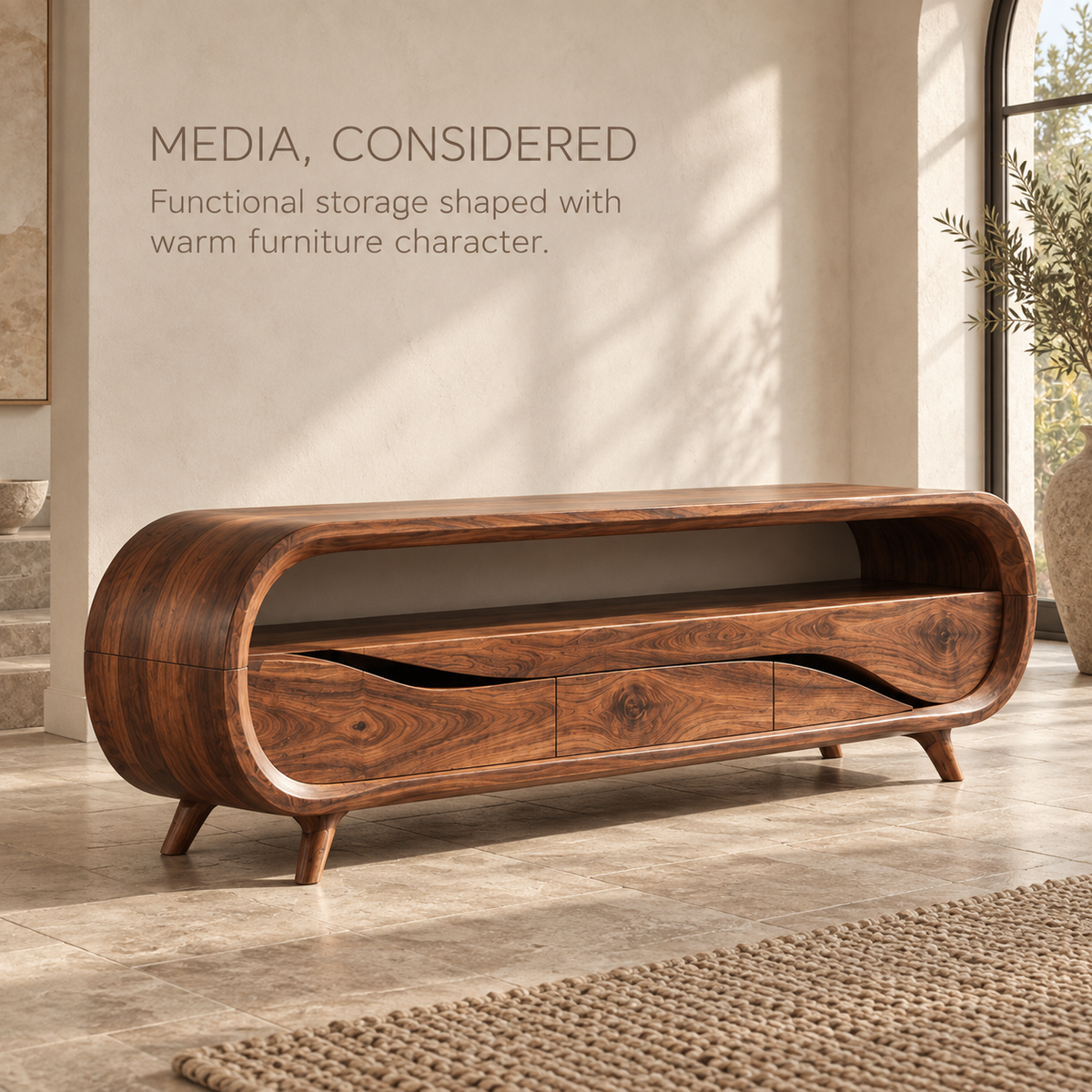 Varen Sculptural Solid Wood TV Stand - Design 126 - product detail and styling view 2