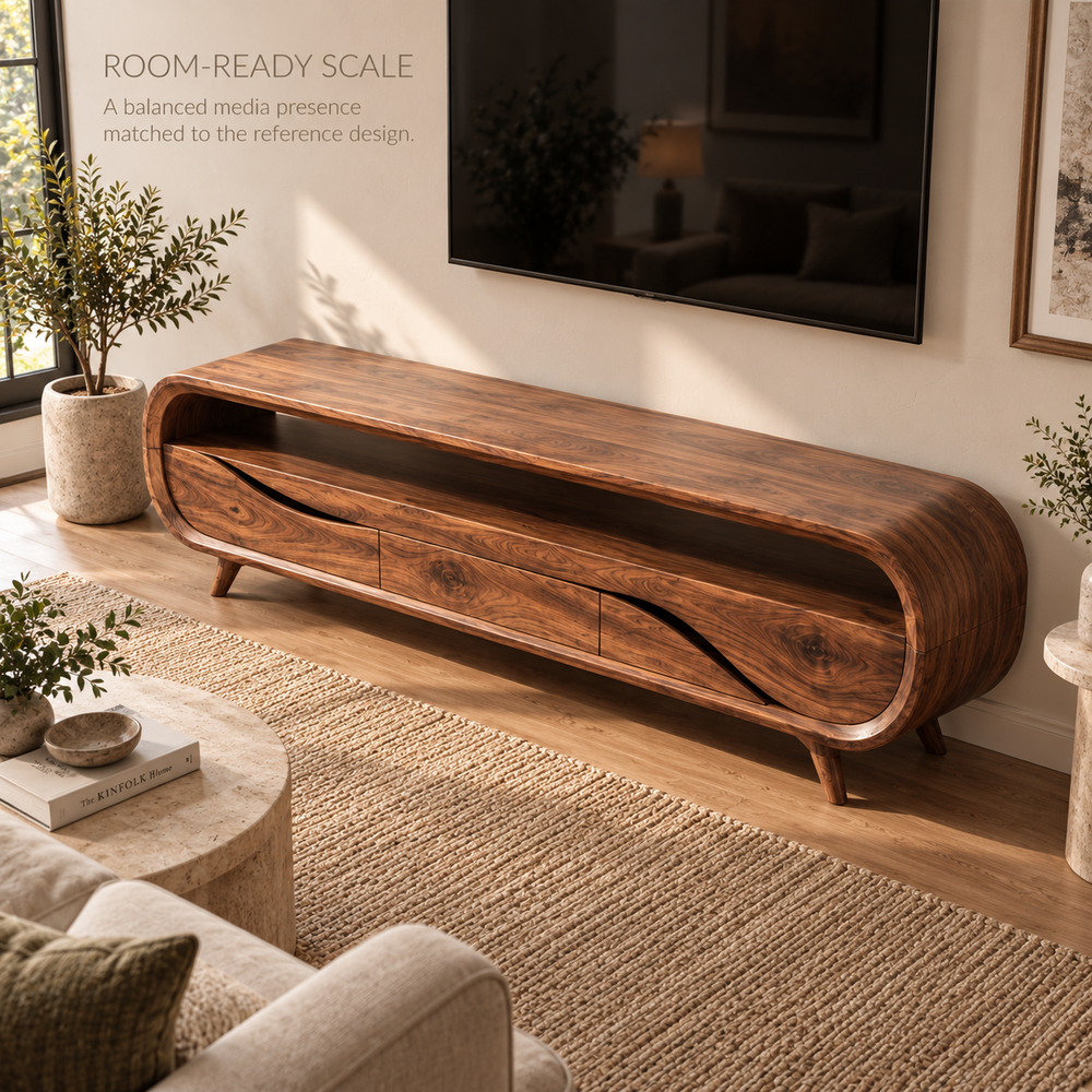 Varen Sculptural Solid Wood TV Stand - Design 126 - product detail and styling view 3