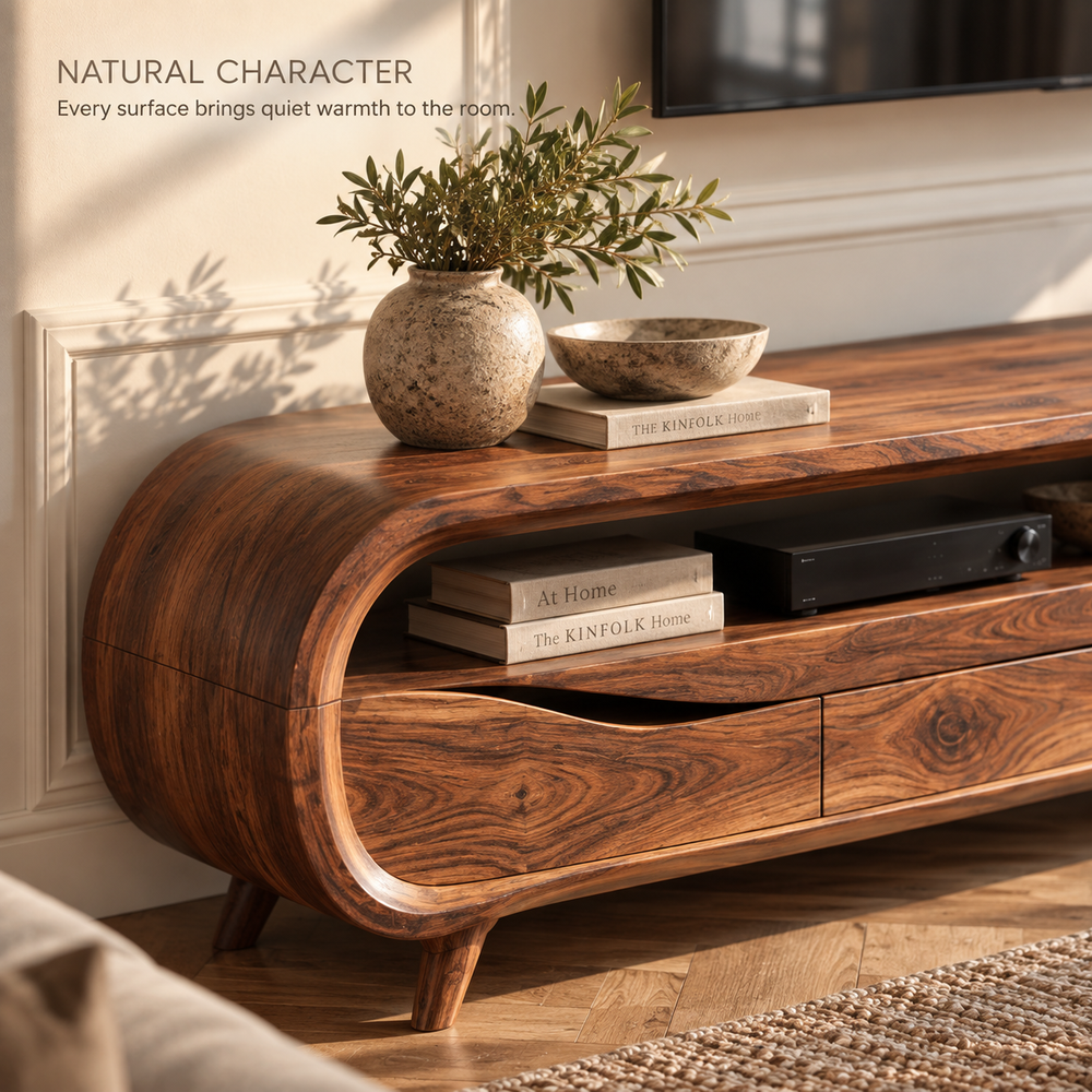 Varen Sculptural Solid Wood TV Stand - Design 126 - product detail and styling view 4