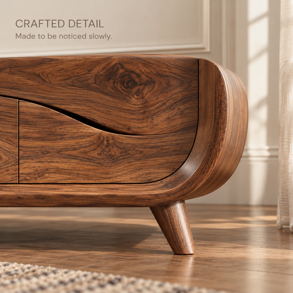 Varen Sculptural Solid Wood TV Stand - Design 126 - product detail and styling view 5