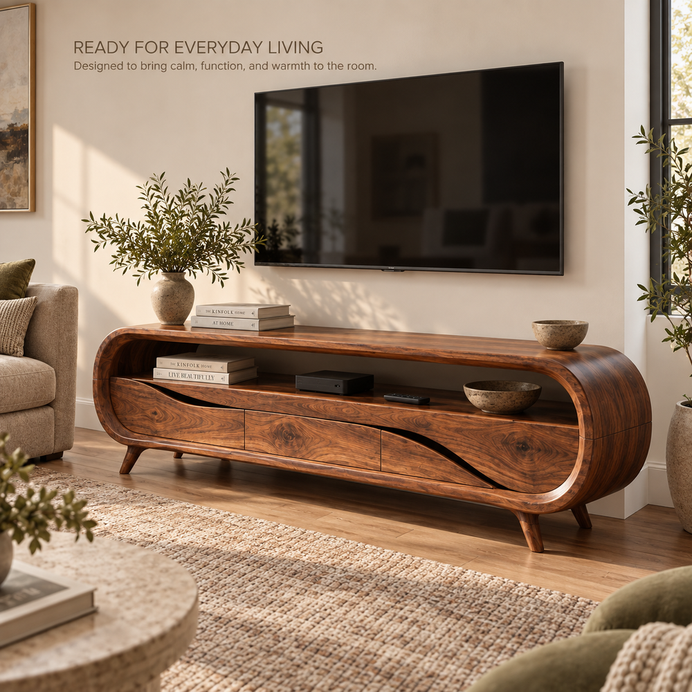 Varen Sculptural Solid Wood TV Stand - Design 126 - product detail and styling view 6
