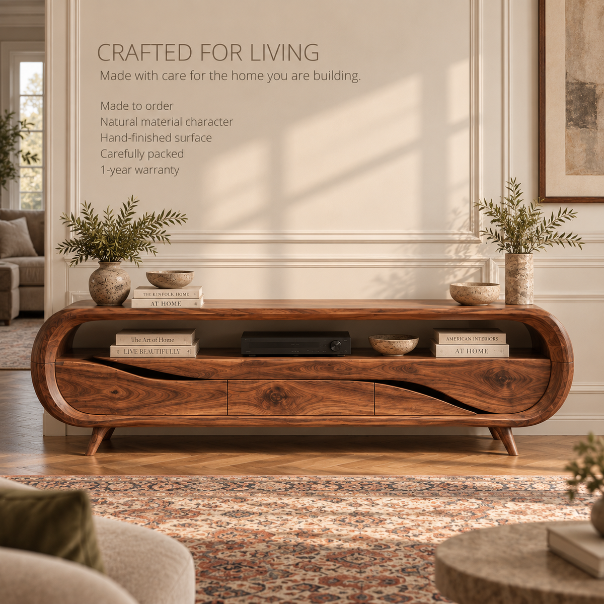 Varen Sculptural Solid Wood TV Stand - Design 126 - product detail and styling view 8