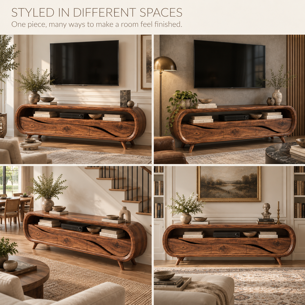Varen Sculptural Solid Wood TV Stand - Design 126 - product detail and styling view 9