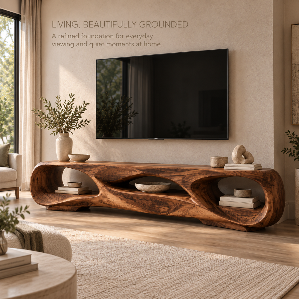 Celeste Sculptural Solid Wood TV Stand - Design 127 - main lifestyle view