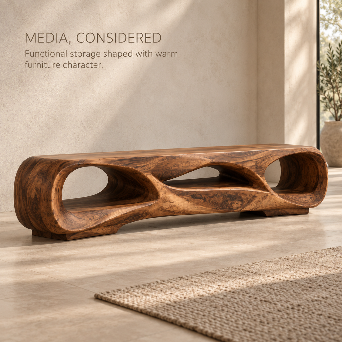 Celeste Sculptural Solid Wood TV Stand - Design 127 - product detail and styling view 2