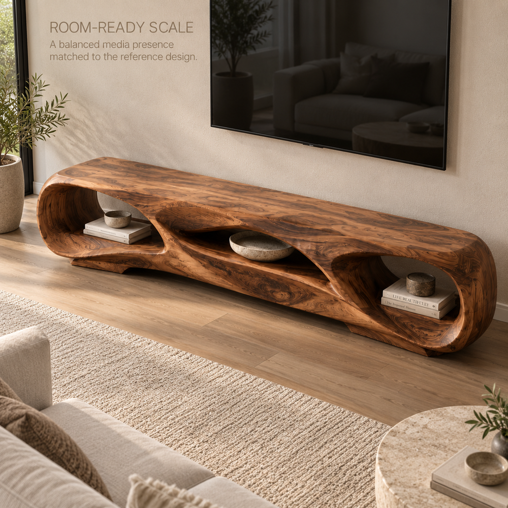 Celeste Sculptural Solid Wood TV Stand - Design 127 - product detail and styling view 3