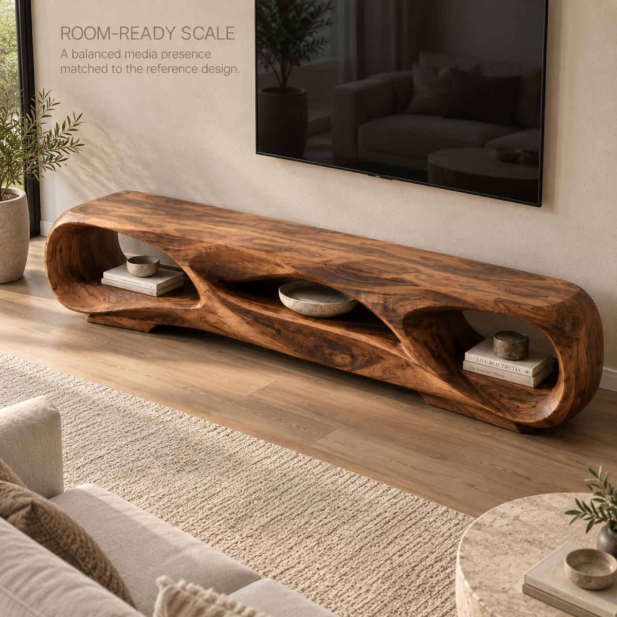 Celeste Sculptural Solid Wood TV Stand - Design 127 - product detail and styling view 3