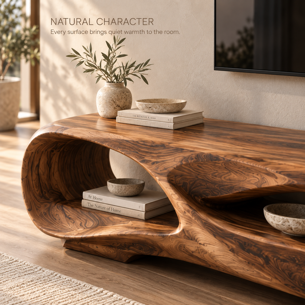 Celeste Sculptural Solid Wood TV Stand - Design 127 - product detail and styling view 4