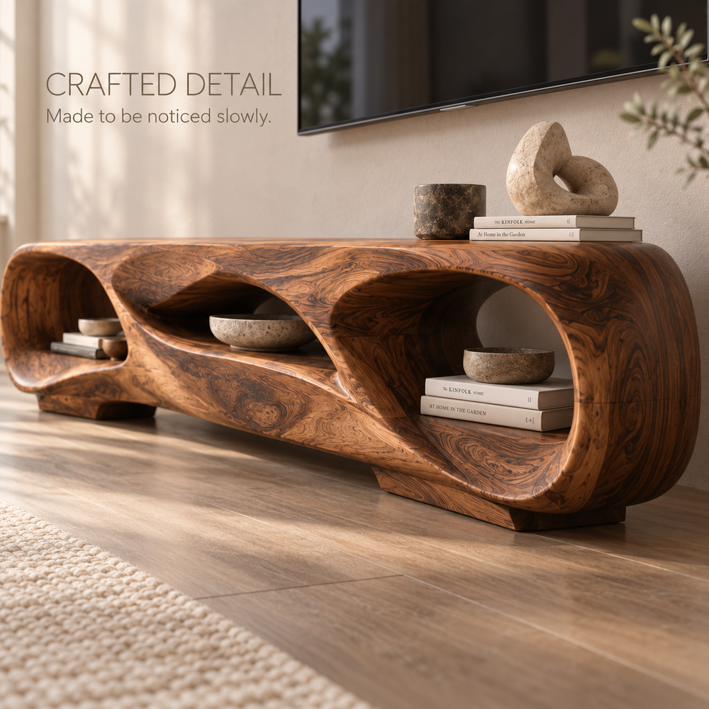 Celeste Sculptural Solid Wood TV Stand - Design 127 - product detail and styling view 5