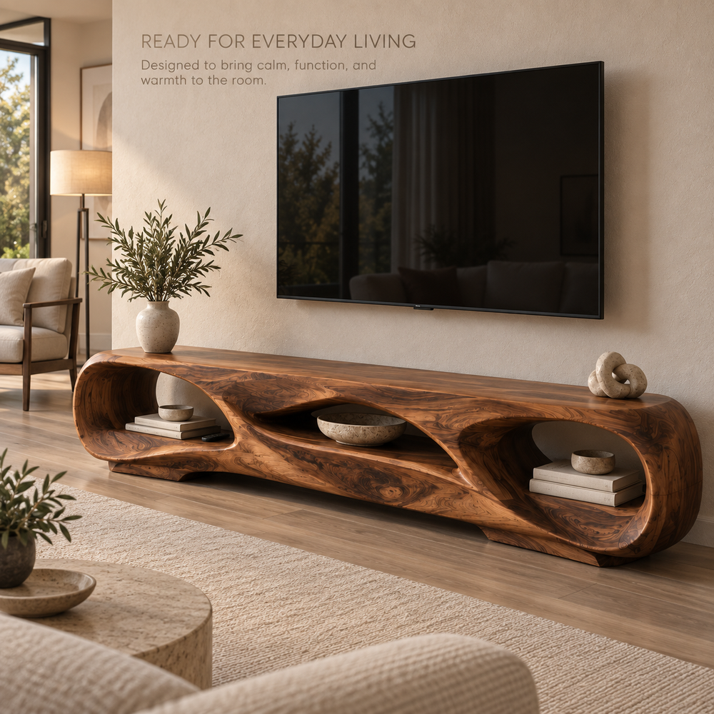 Celeste Sculptural Solid Wood TV Stand - Design 127 - product detail and styling view 6