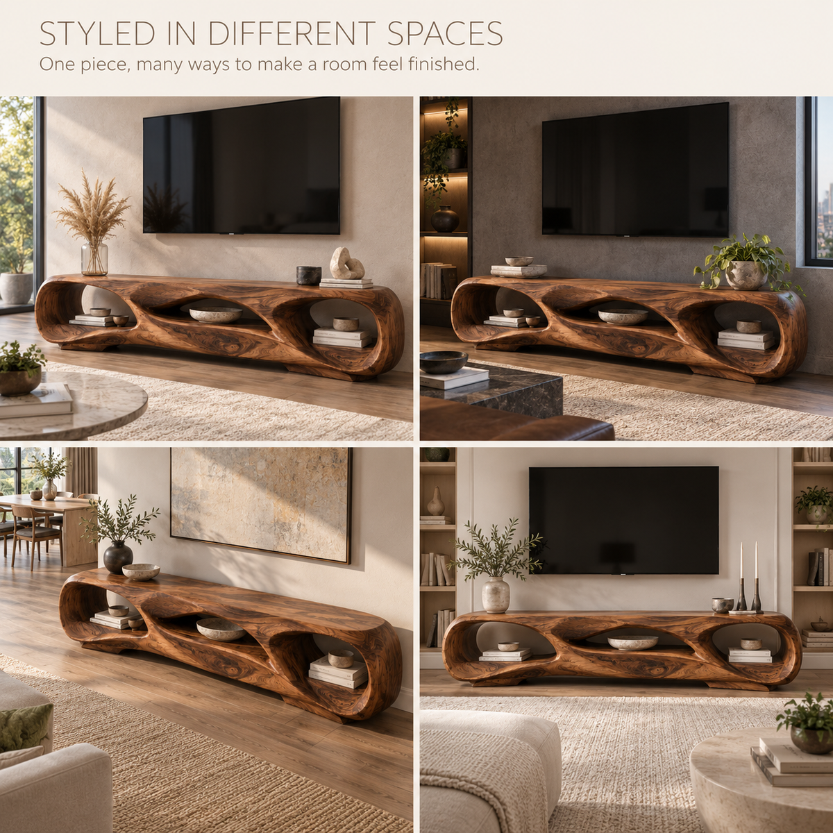 Celeste Sculptural Solid Wood TV Stand - Design 127 - product detail and styling view 9