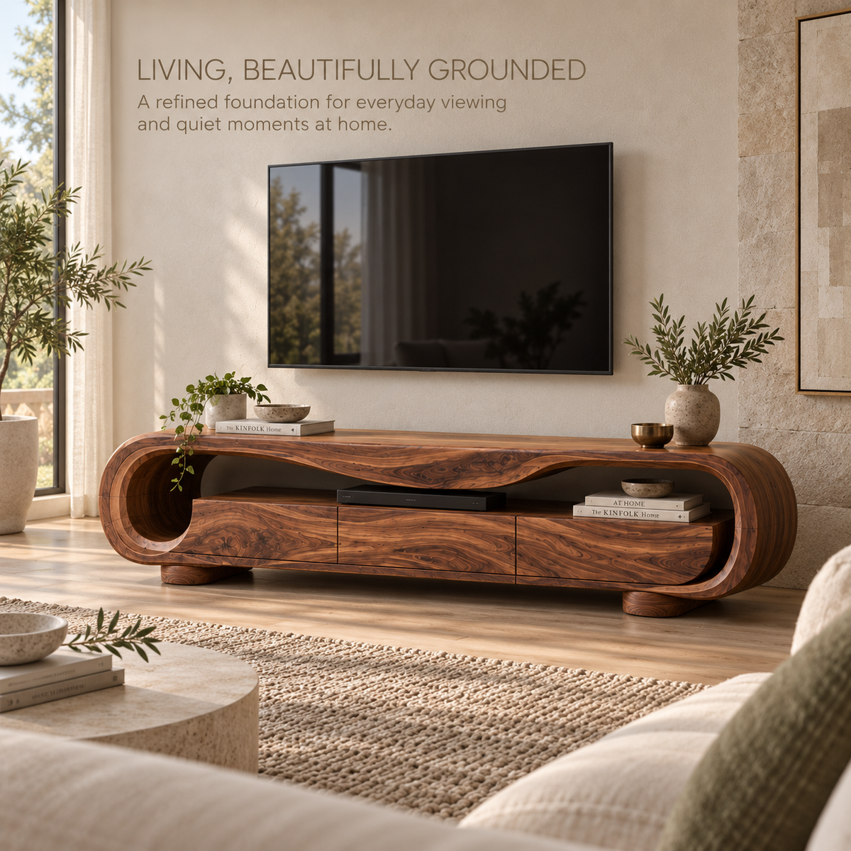 Arlen Sculptural Solid Wood TV Stand - Design 128 - main lifestyle view