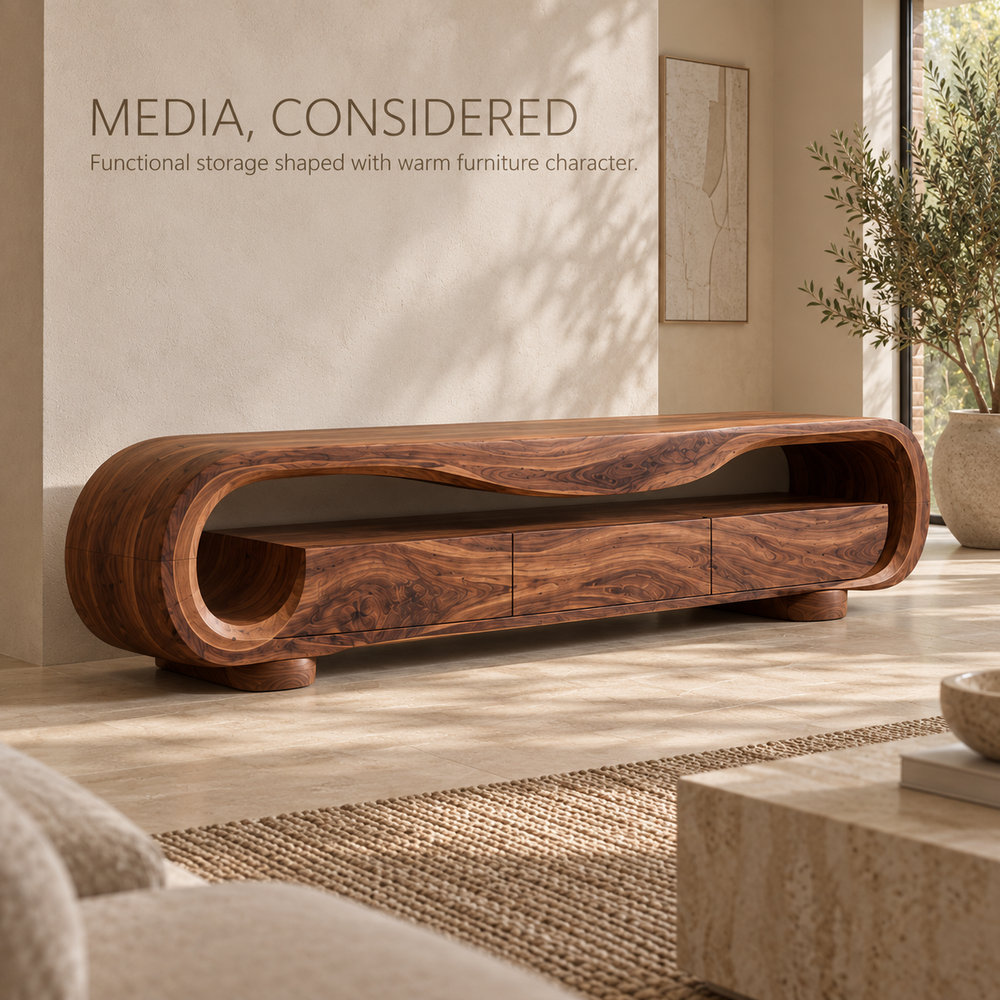 Arlen Sculptural Solid Wood TV Stand - Design 128 - product detail and styling view 2