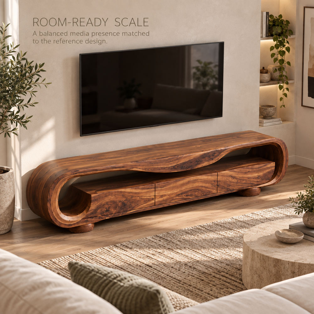 Arlen Sculptural Solid Wood TV Stand - Design 128 - product detail and styling view 3
