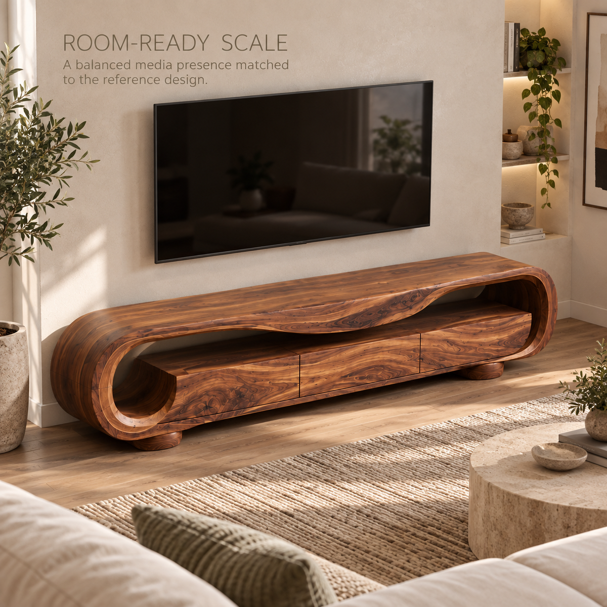 Arlen Sculptural Solid Wood TV Stand - Design 128 - product detail and styling view 3