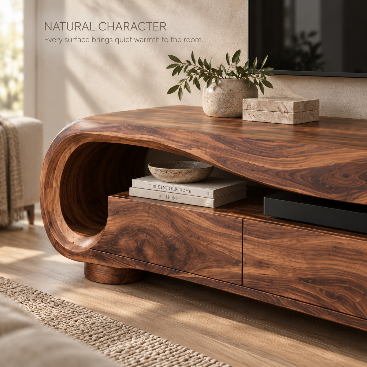 Arlen Sculptural Solid Wood TV Stand - Design 128 - product detail and styling view 4