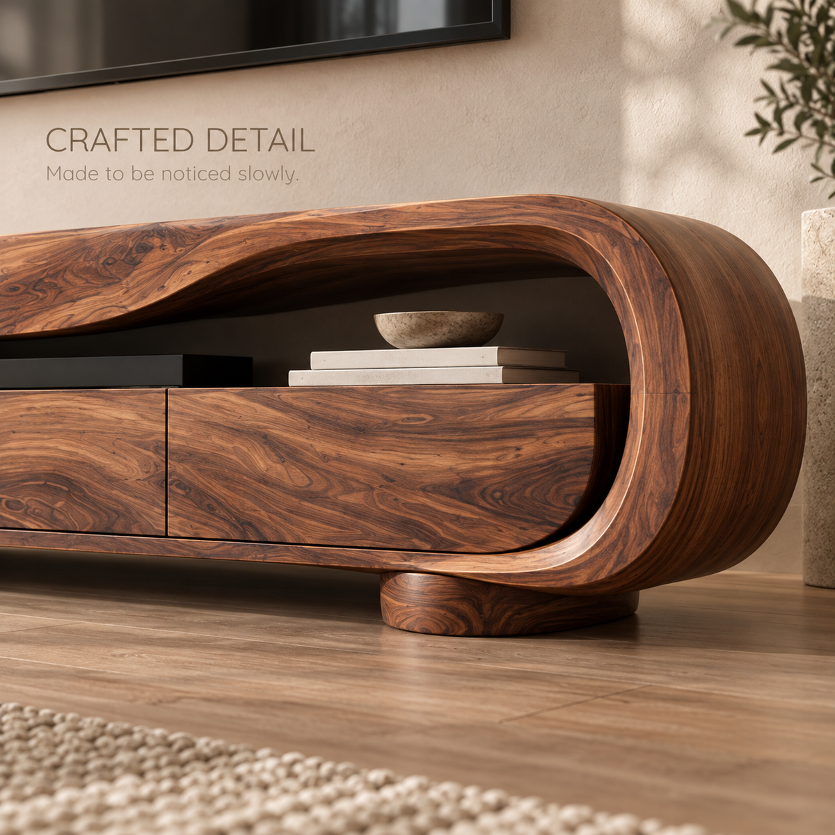 Arlen Sculptural Solid Wood TV Stand - Design 128 - product detail and styling view 5