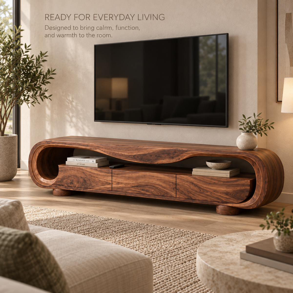 Arlen Sculptural Solid Wood TV Stand - Design 128 - product detail and styling view 6