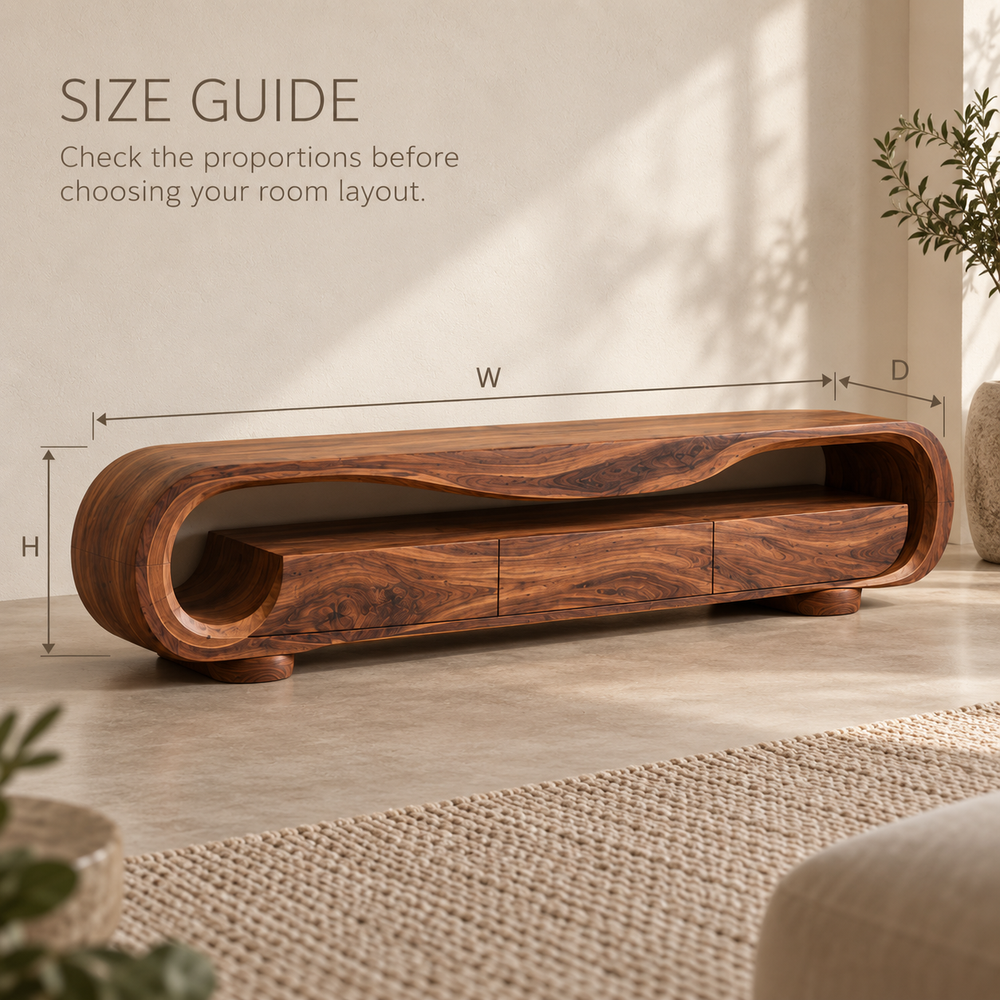 Arlen Sculptural Solid Wood TV Stand - Design 128 - product detail and styling view 7