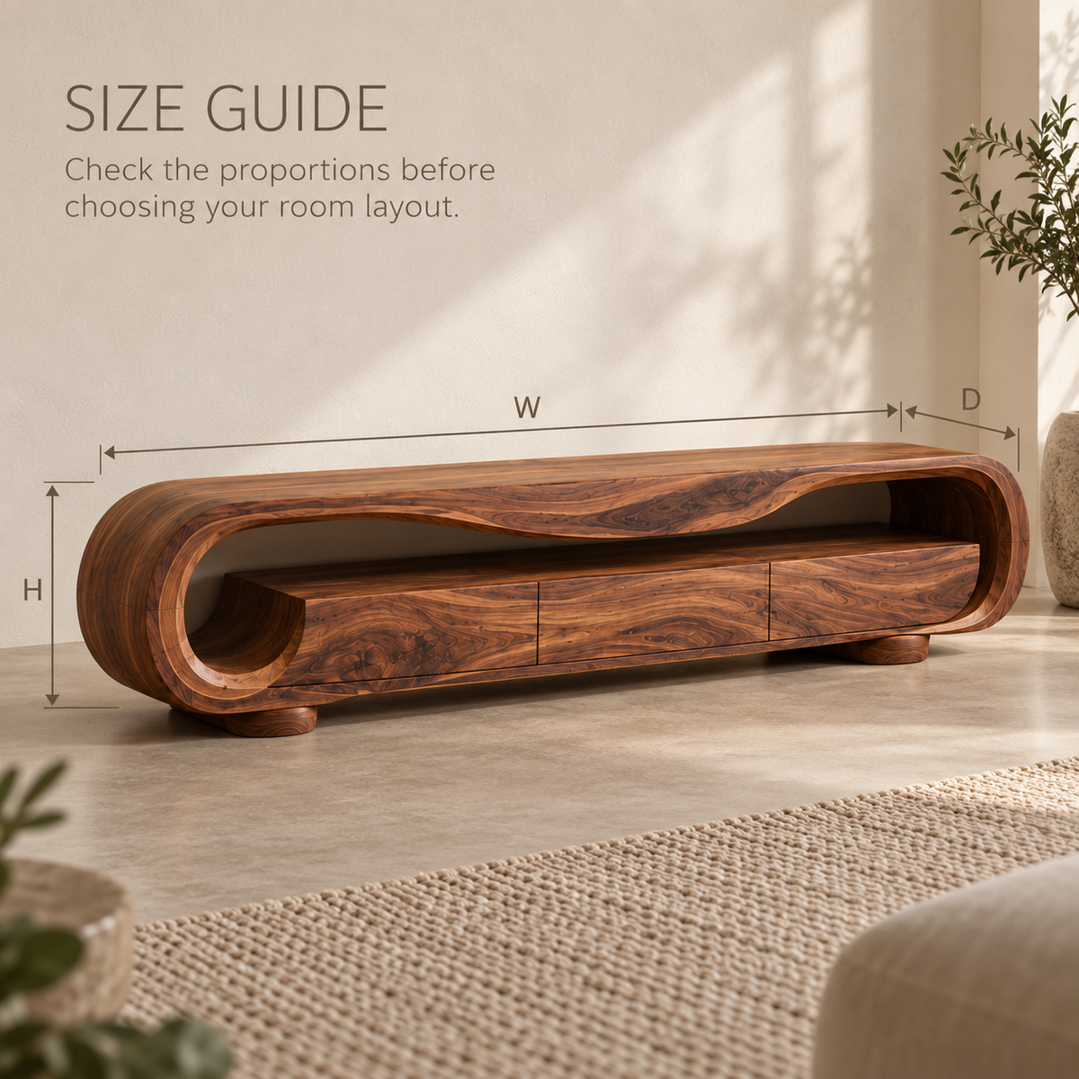 Arlen Sculptural Solid Wood TV Stand - Design 128 - product detail and styling view 7