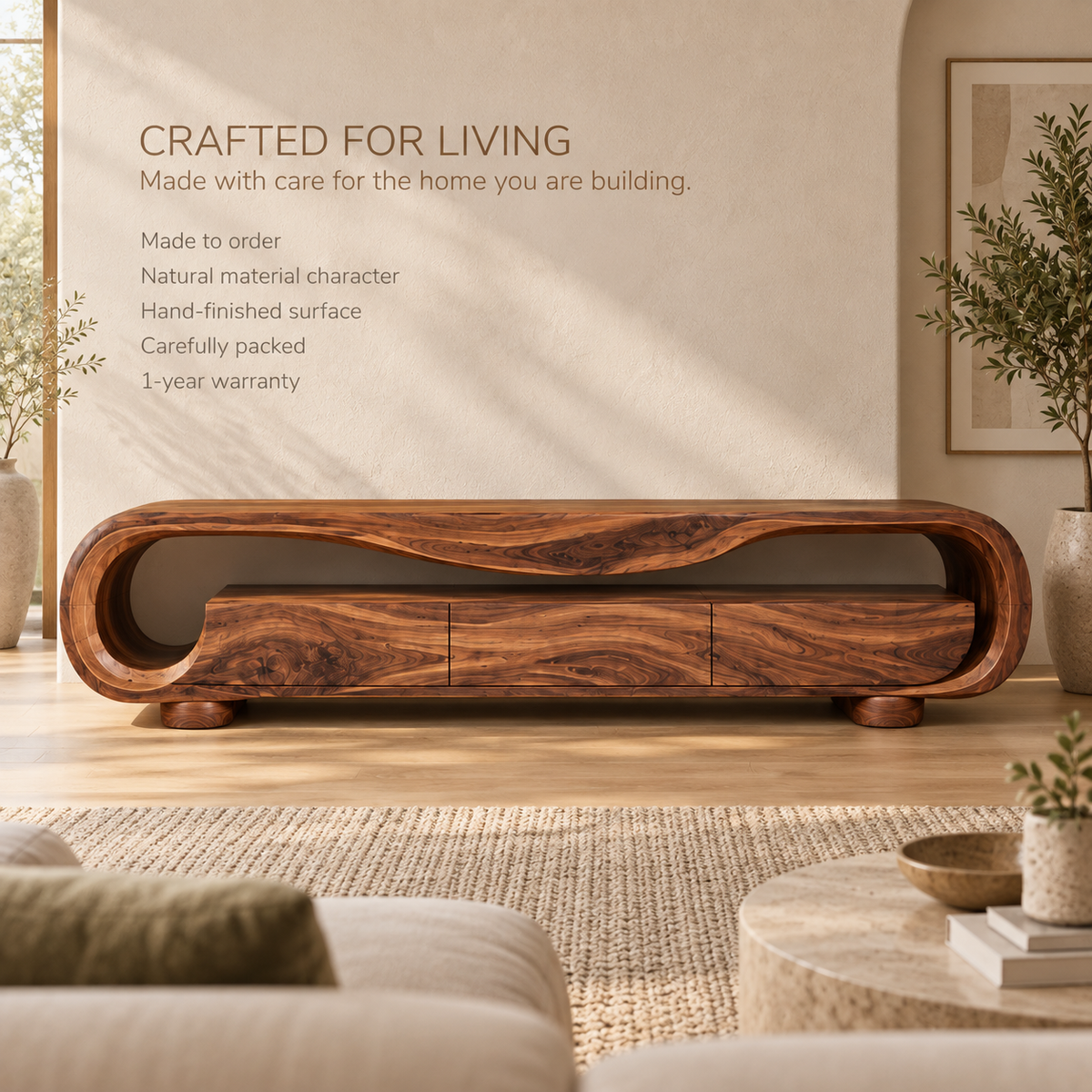 Arlen Sculptural Solid Wood TV Stand - Design 128 - product detail and styling view 8