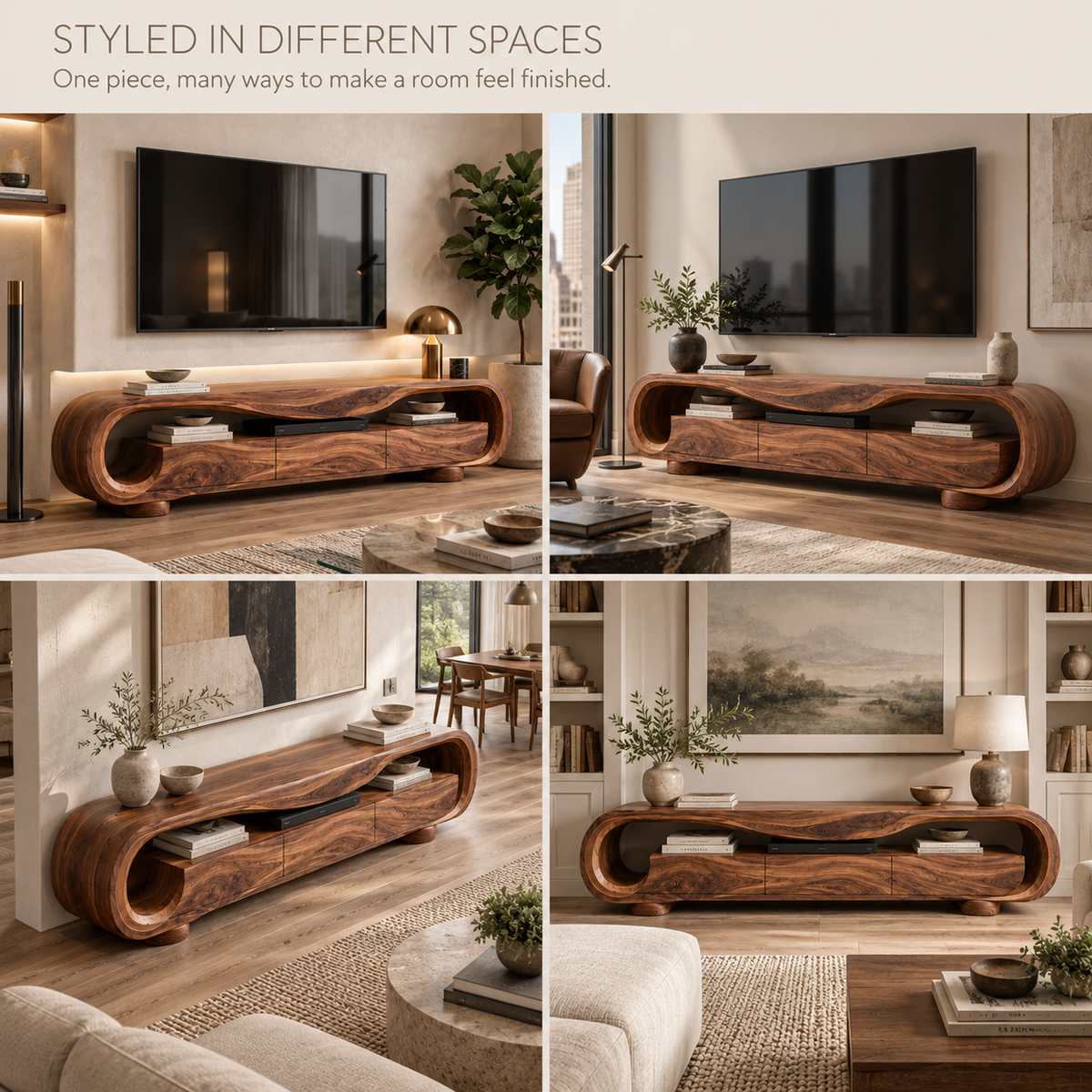 Arlen Sculptural Solid Wood TV Stand - Design 128 - product detail and styling view 9
