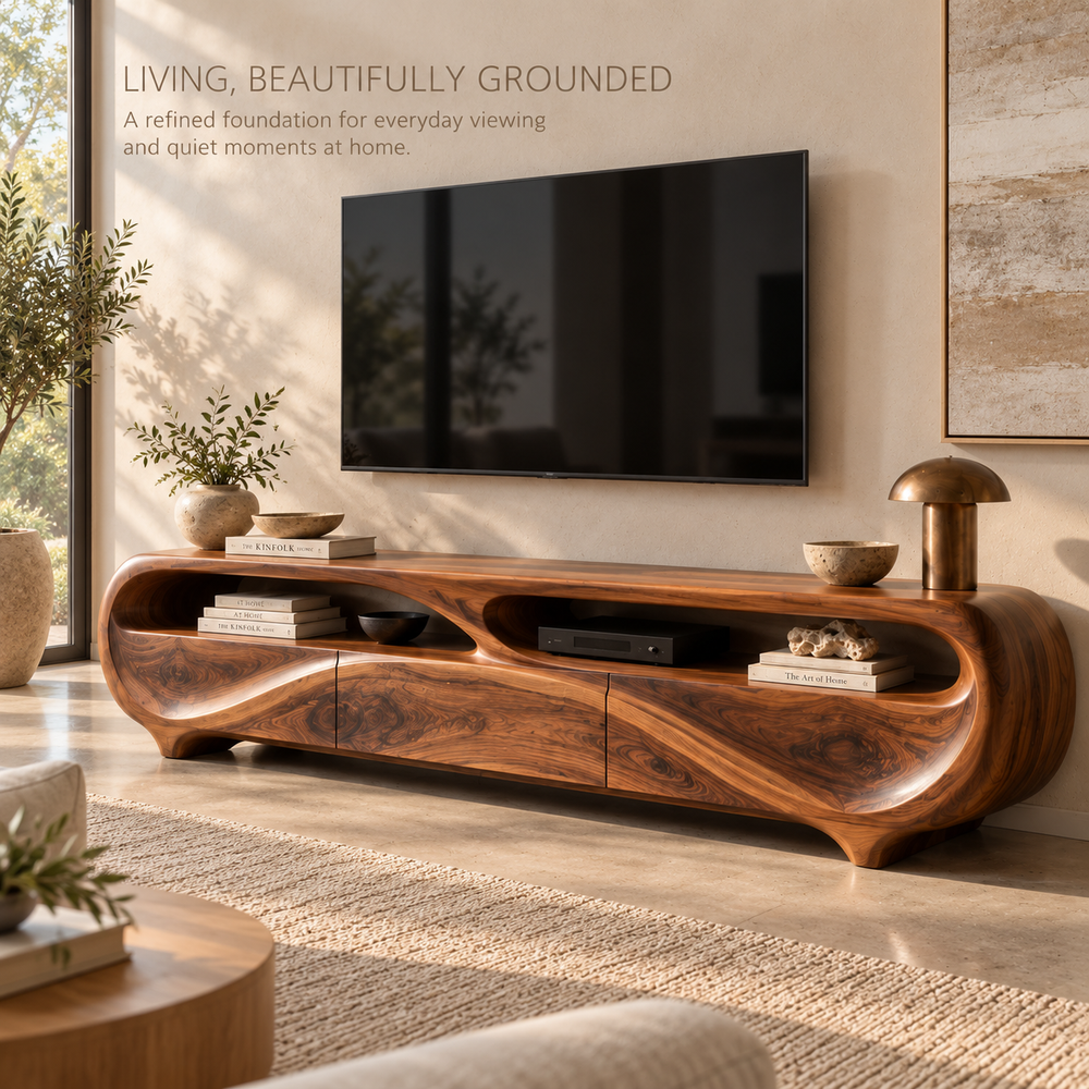Elowen Sculptural Solid Wood TV Stand - Design 129 - main lifestyle view