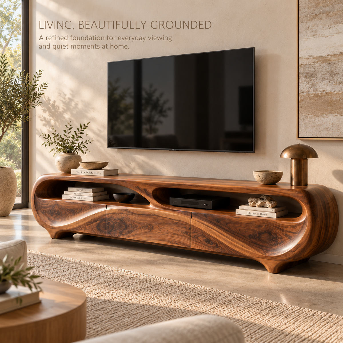 Elowen Sculptural Solid Wood TV Stand - Design 129 - main lifestyle view
