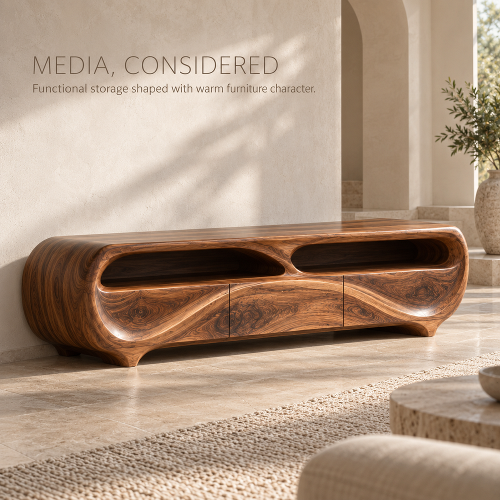 Elowen Sculptural Solid Wood TV Stand - Design 129 - product detail and styling view 2