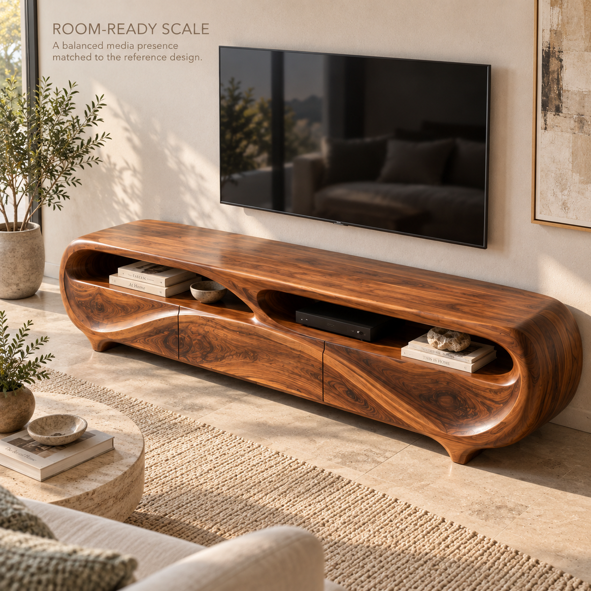 Elowen Sculptural Solid Wood TV Stand - Design 129 - product detail and styling view 3