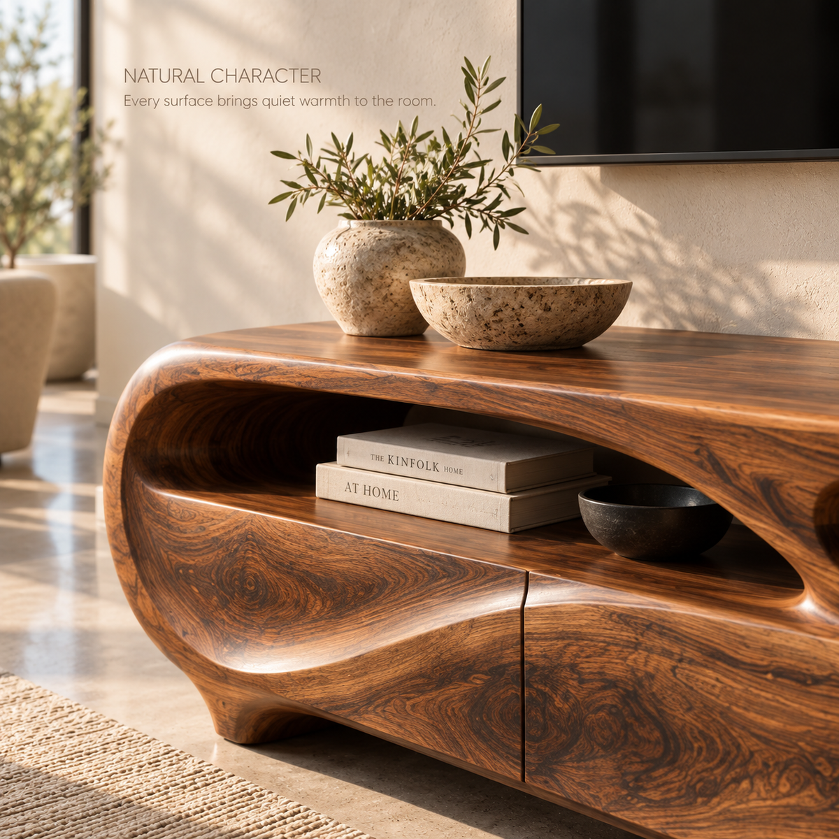 Elowen Sculptural Solid Wood TV Stand - Design 129 - product detail and styling view 4