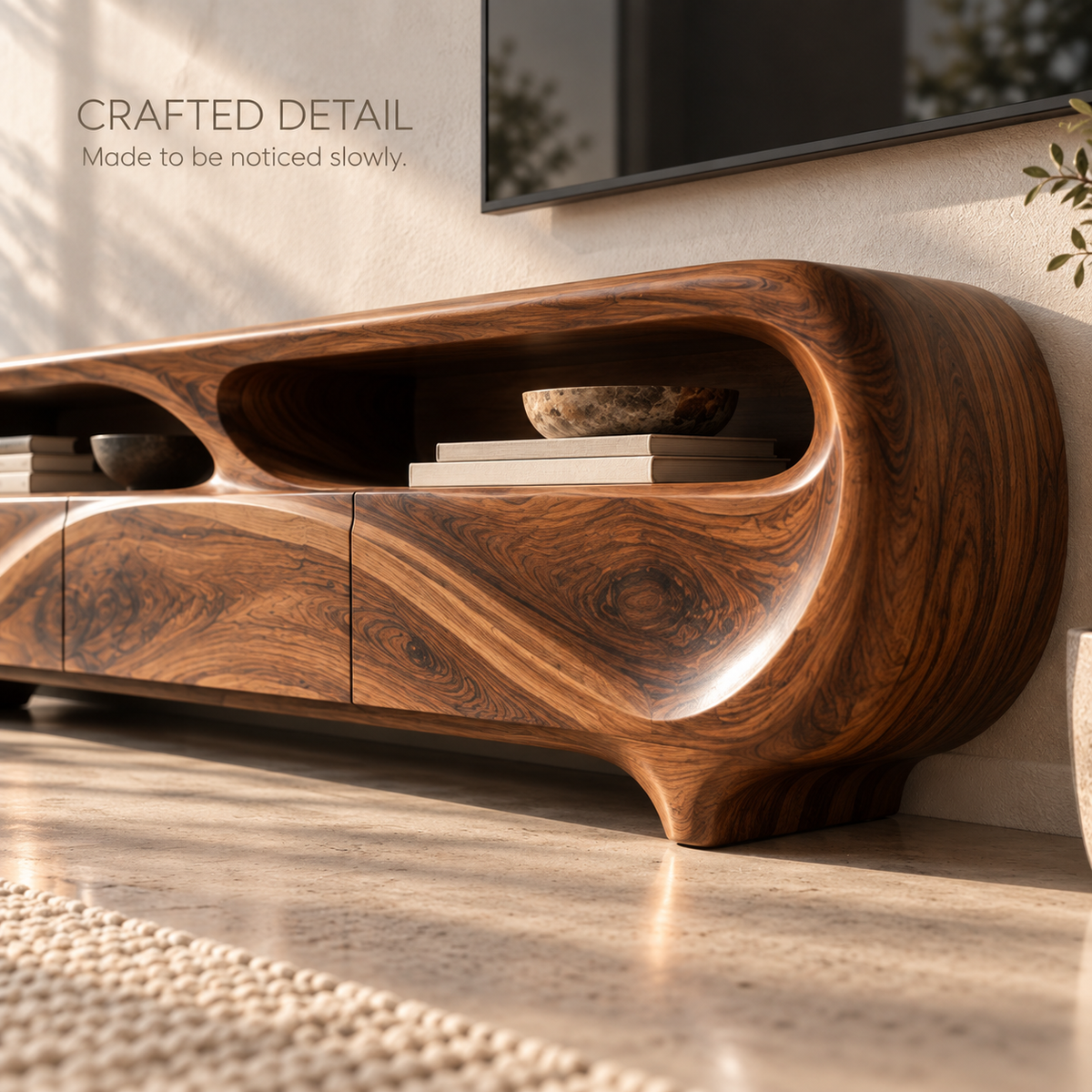 Elowen Sculptural Solid Wood TV Stand - Design 129 - product detail and styling view 5