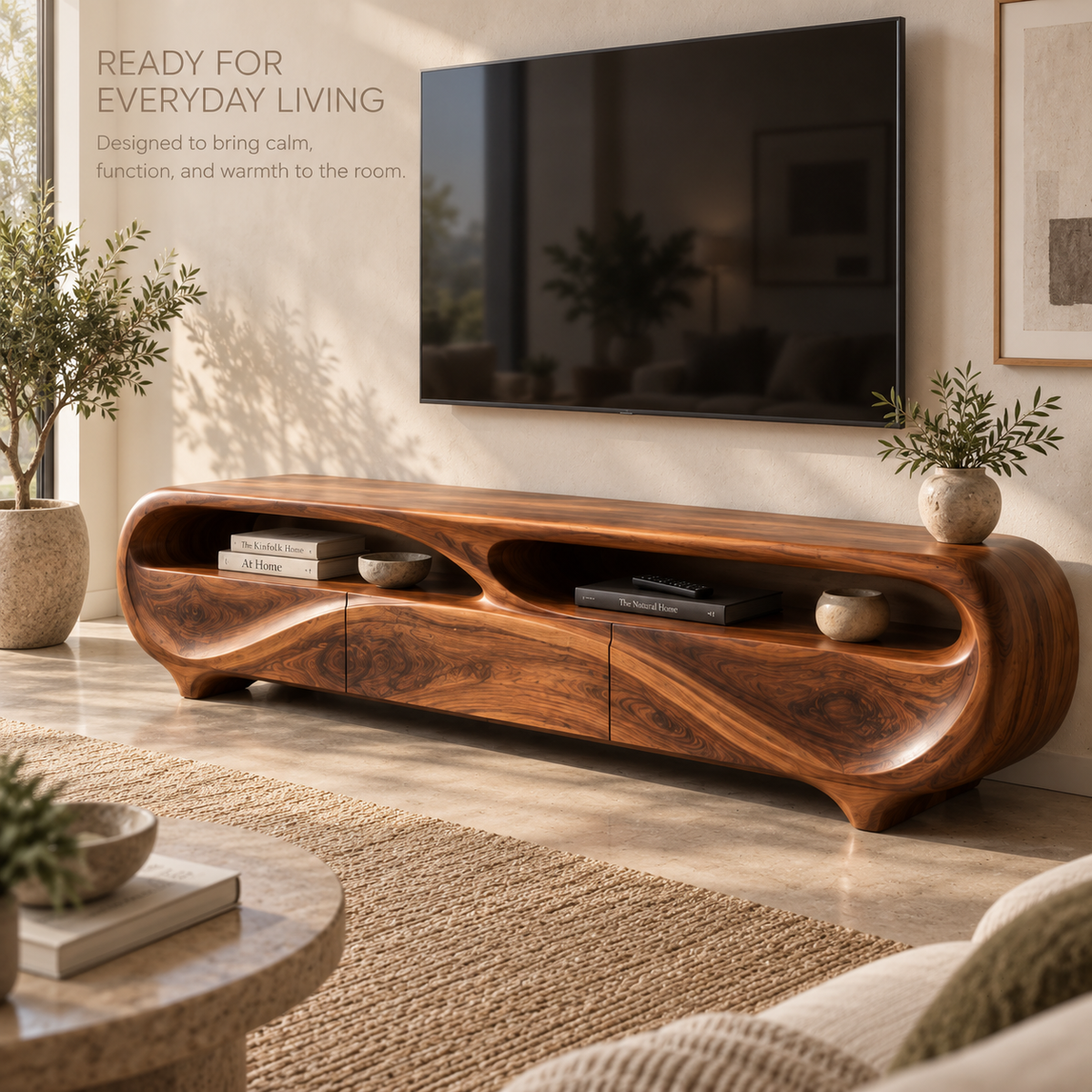 Elowen Sculptural Solid Wood TV Stand - Design 129 - product detail and styling view 6