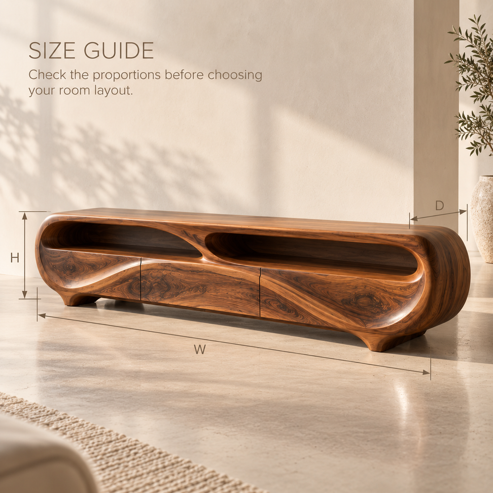 Elowen Sculptural Solid Wood TV Stand - Design 129 - product detail and styling view 7