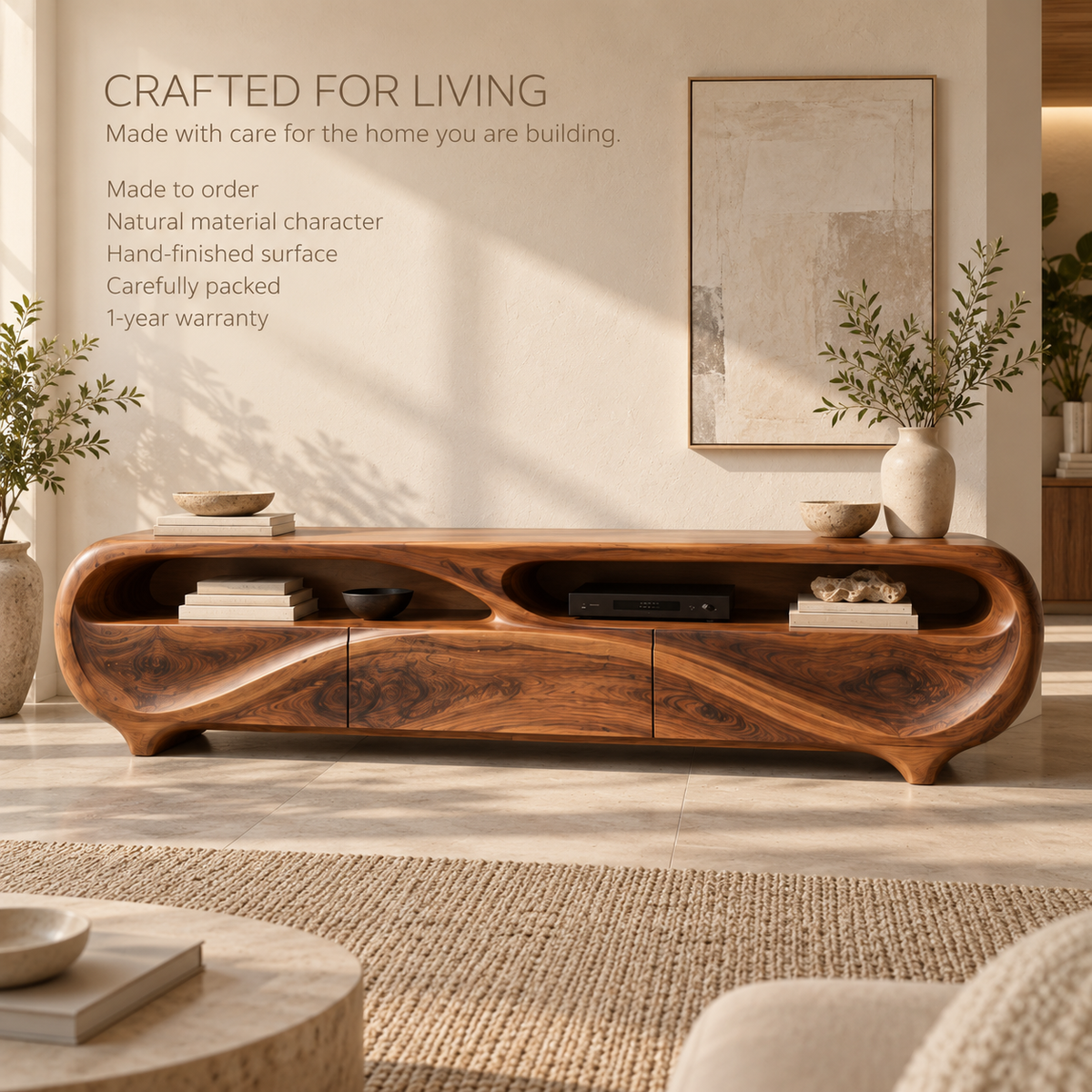 Elowen Sculptural Solid Wood TV Stand - Design 129 - product detail and styling view 8