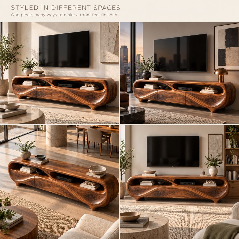 Elowen Sculptural Solid Wood TV Stand - Design 129 - product detail and styling view 9