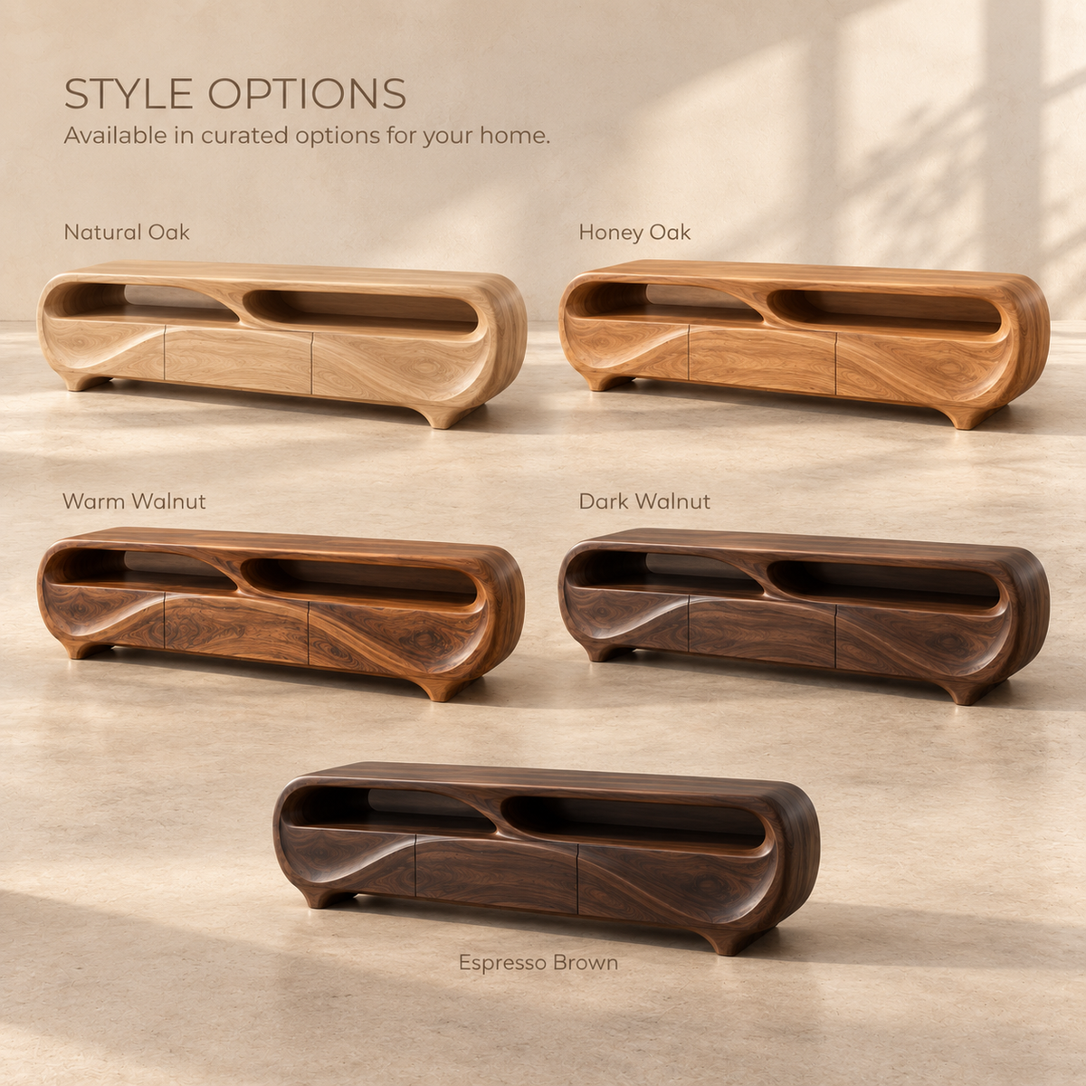 Elowen Sculptural Solid Wood TV Stand - Design 129 - product detail and styling view 10