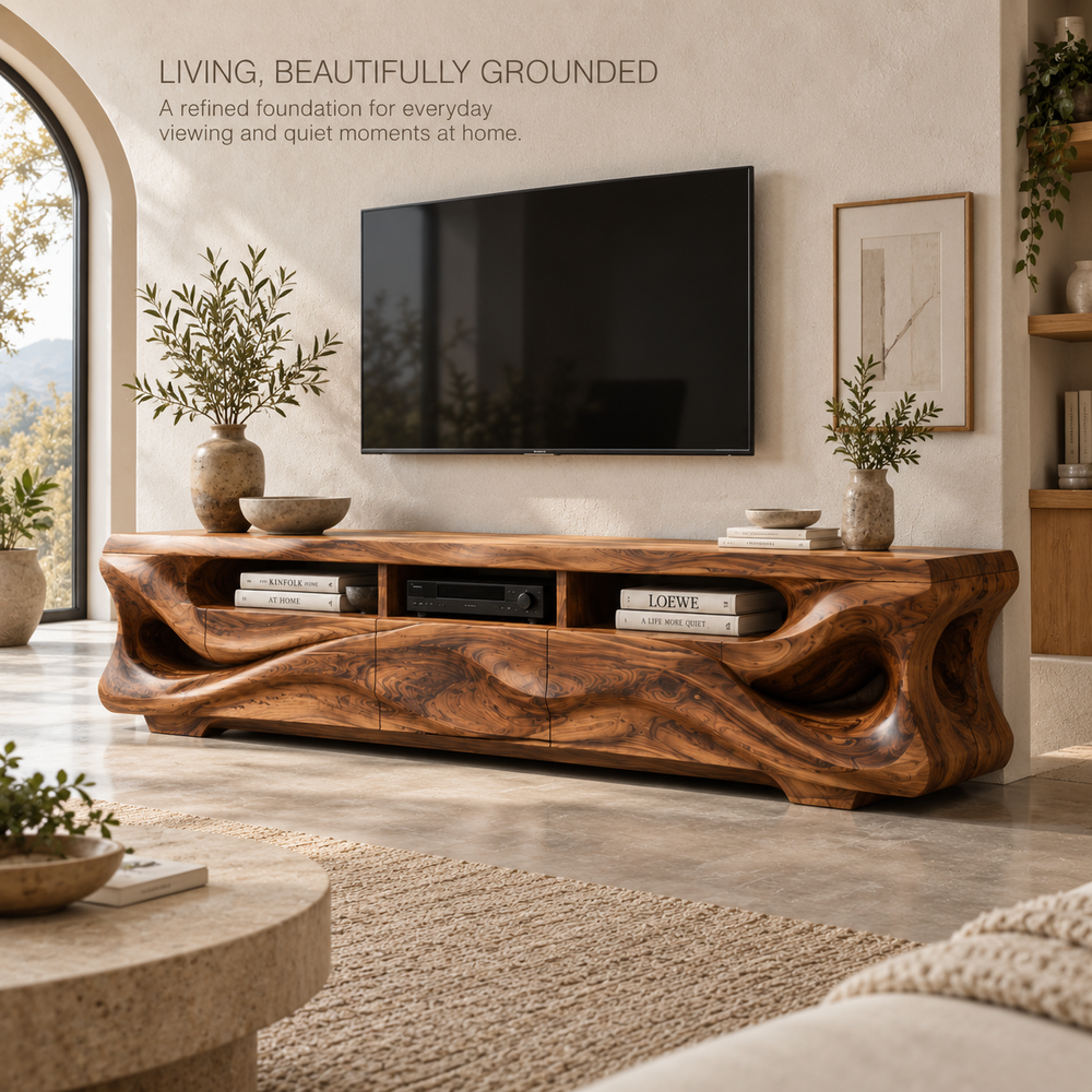 Tavian Sculptural Solid Wood TV Stand - Design 131 - main lifestyle view
