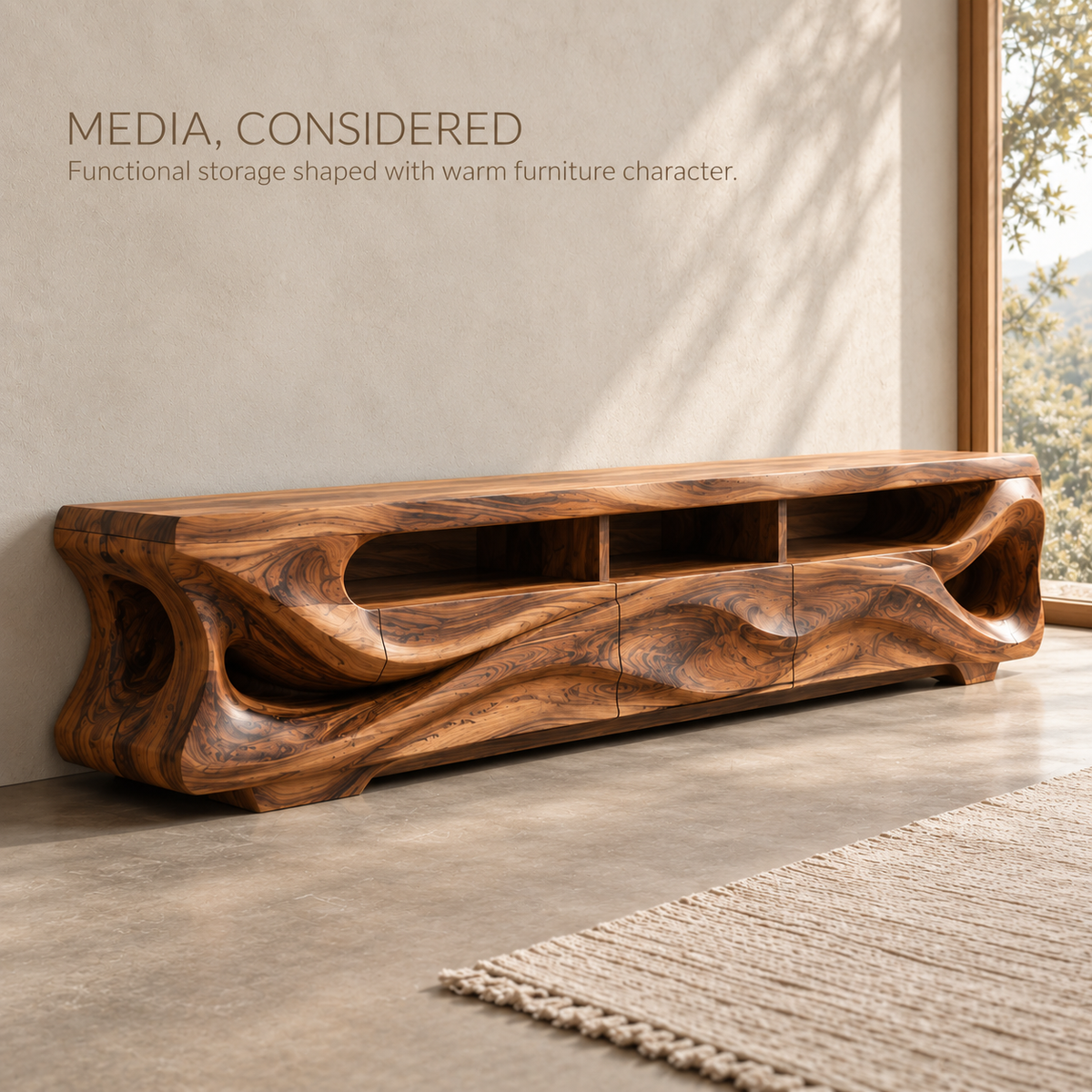 Tavian Sculptural Solid Wood TV Stand - Design 131 - product detail and styling view 2