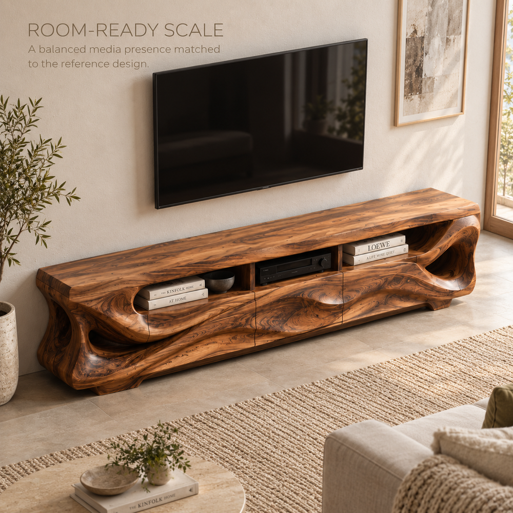 Tavian Sculptural Solid Wood TV Stand - Design 131 - product detail and styling view 3