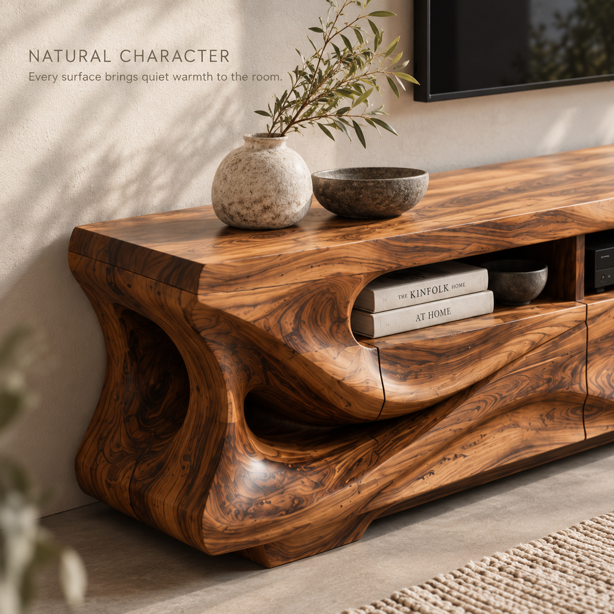 Tavian Sculptural Solid Wood TV Stand - Design 131 - product detail and styling view 4