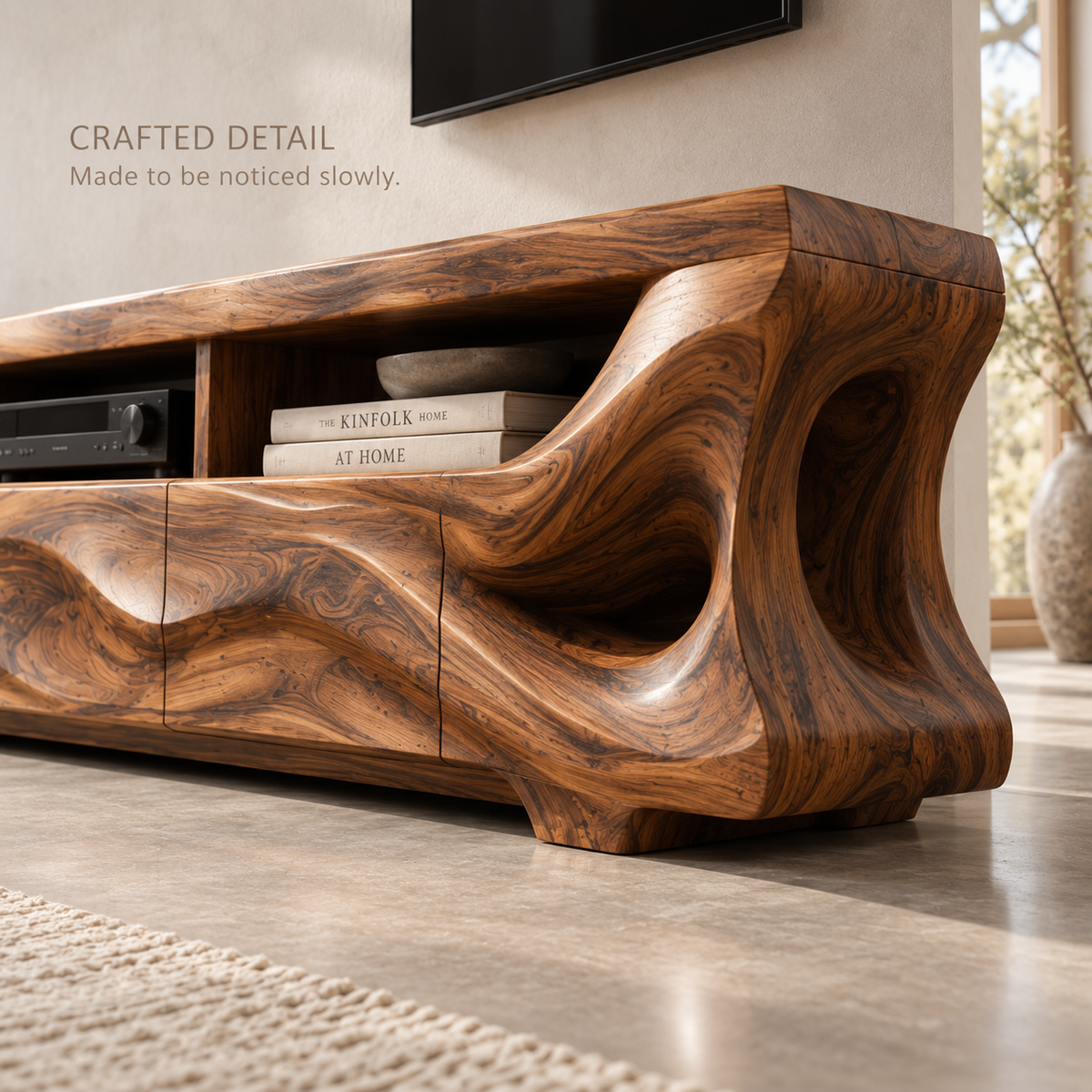 Tavian Sculptural Solid Wood TV Stand - Design 131 - product detail and styling view 5