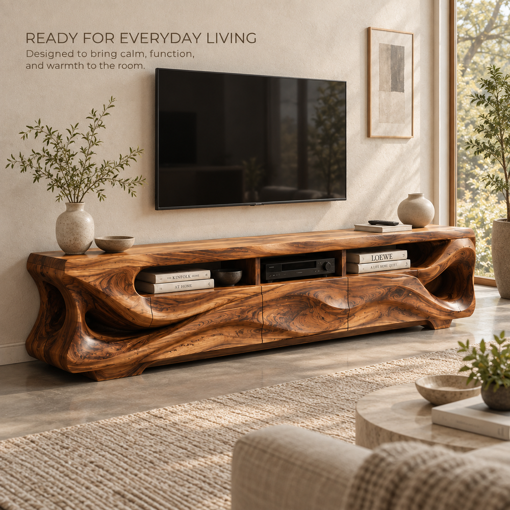 Tavian Sculptural Solid Wood TV Stand - Design 131 - product detail and styling view 6