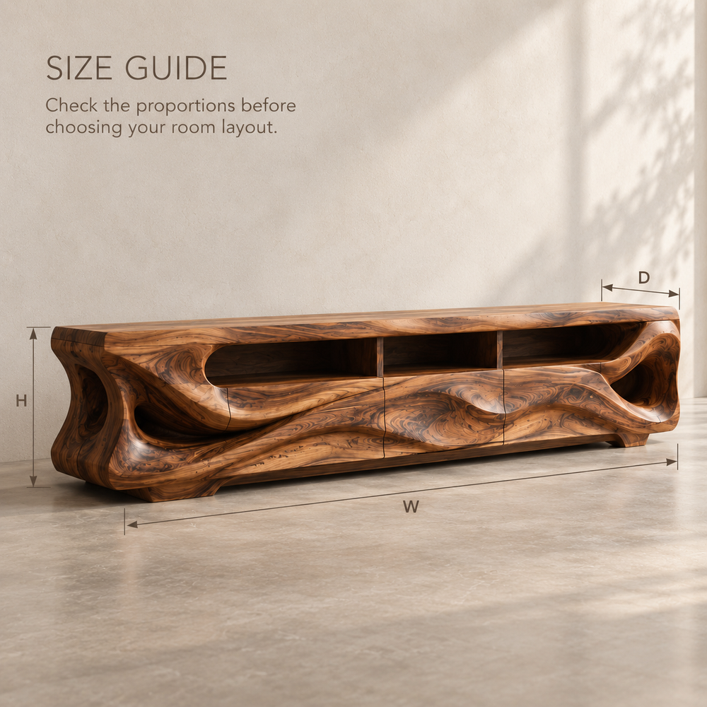 Tavian Sculptural Solid Wood TV Stand - Design 131 - product detail and styling view 7