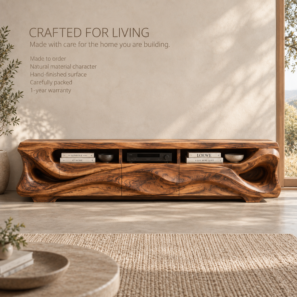 Tavian Sculptural Solid Wood TV Stand - Design 131 - product detail and styling view 8